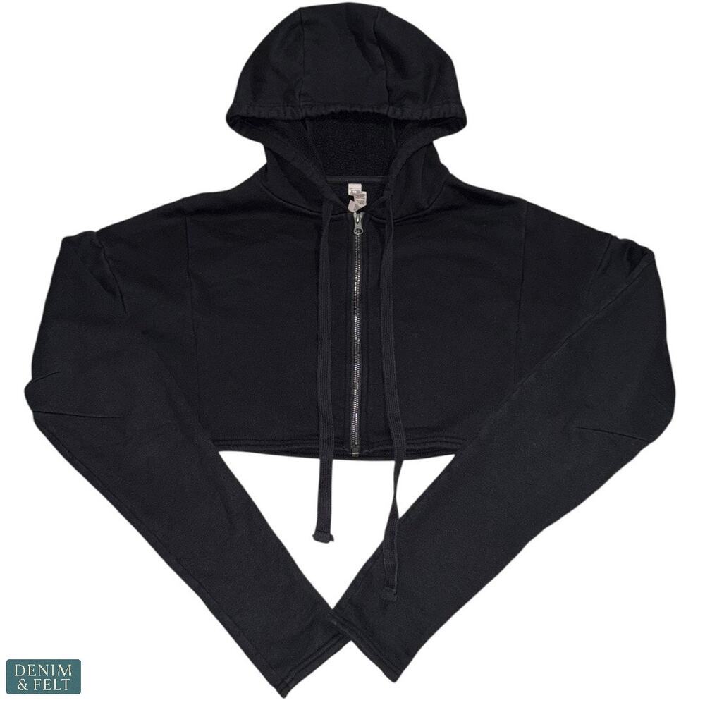 Alo Yoga Cropped Gym Zip-Up Hoodie Black Womens XS Thumbholes Long Sleeve Jacket - Picture 6 of 14